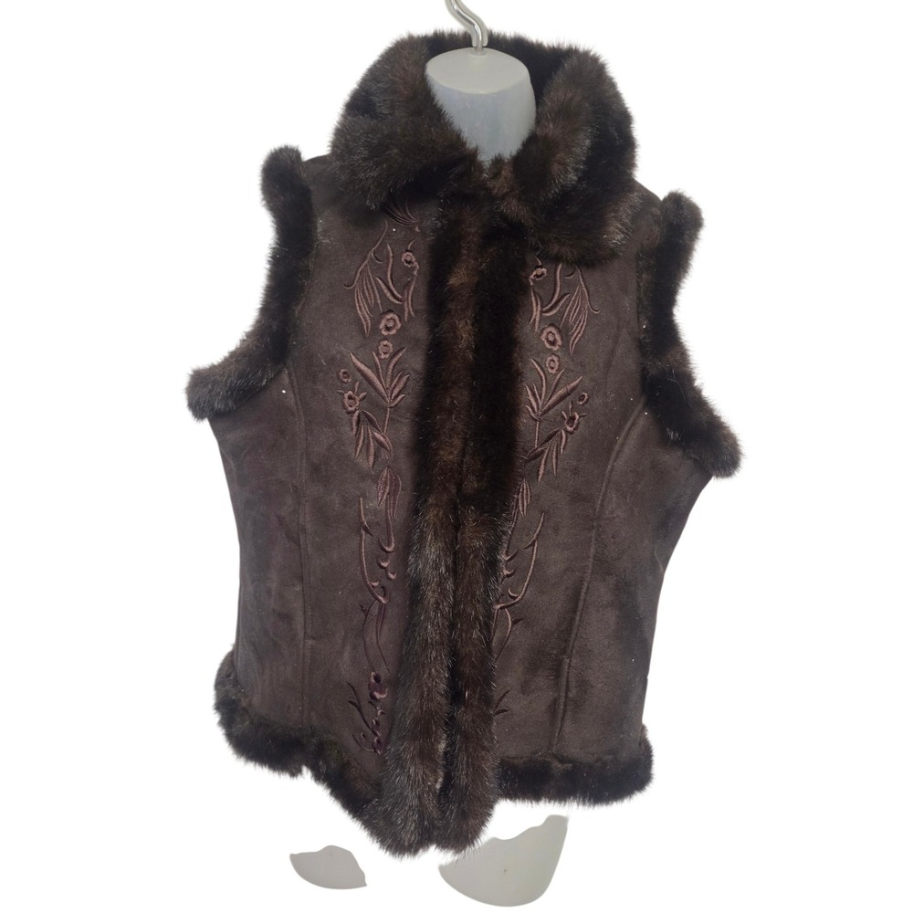 Donna Salyers Fabulous-Furs Brown‎ Embroidered Faux Suede Fur Trim Vest Medium